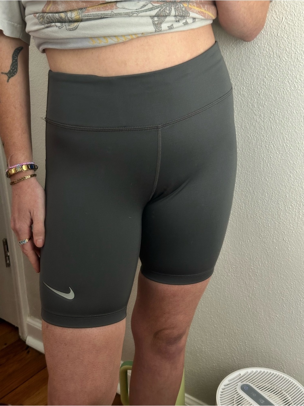 Nike Dark Gray High-Rise Bike Shorts with pockets and adjustable waist
